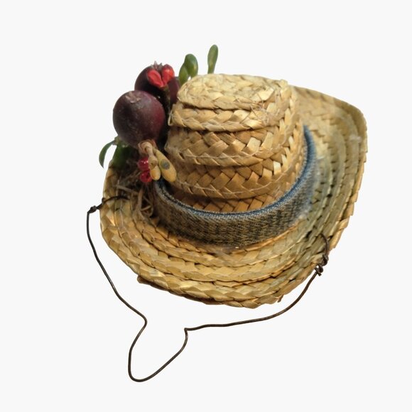 Straw Hat Christmas Ornament Vintage Fruit Mexican Hispanic Rustic Denim Band - Picture 6 of 8